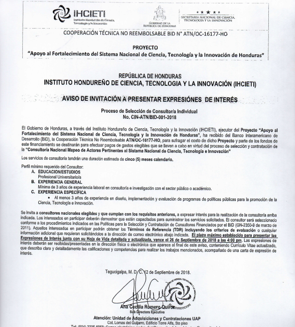 Proyecto «Apoyo al Fortalecimiento del Sistema Nacional de Ciencia, Tecnología y la Innovación de Honduras».