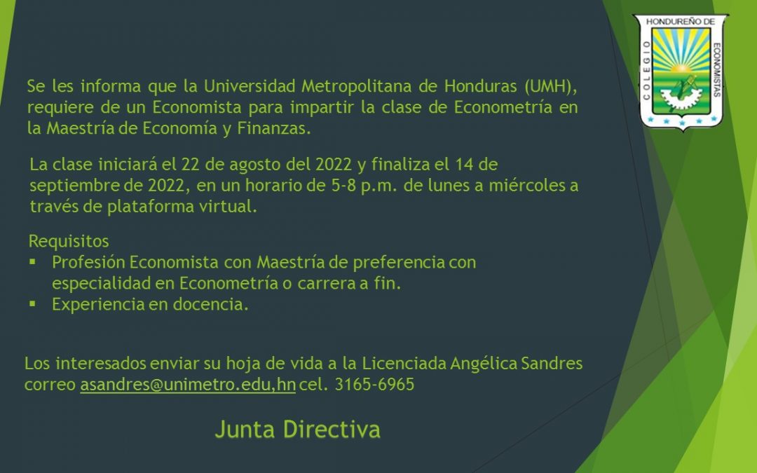 Oportunidad para impartir clases en Maestría en la Universidad Metropolitana de Honduras (UMH).