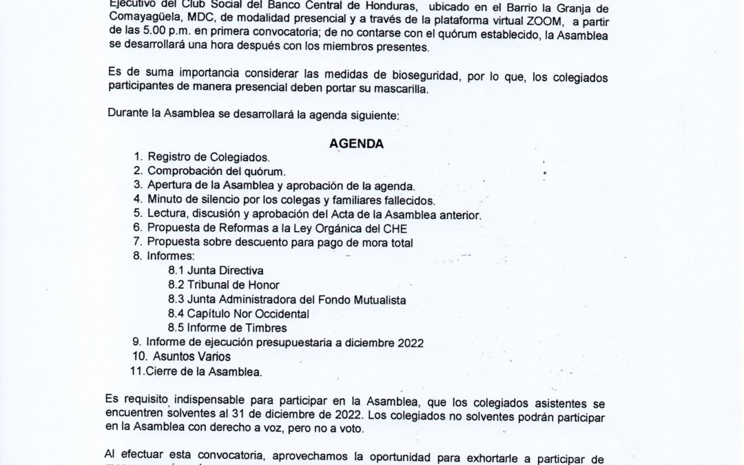 CONVOCATORIA ASAMBLEA GENERAL ORDINARIA 10 DE MARZO 2023