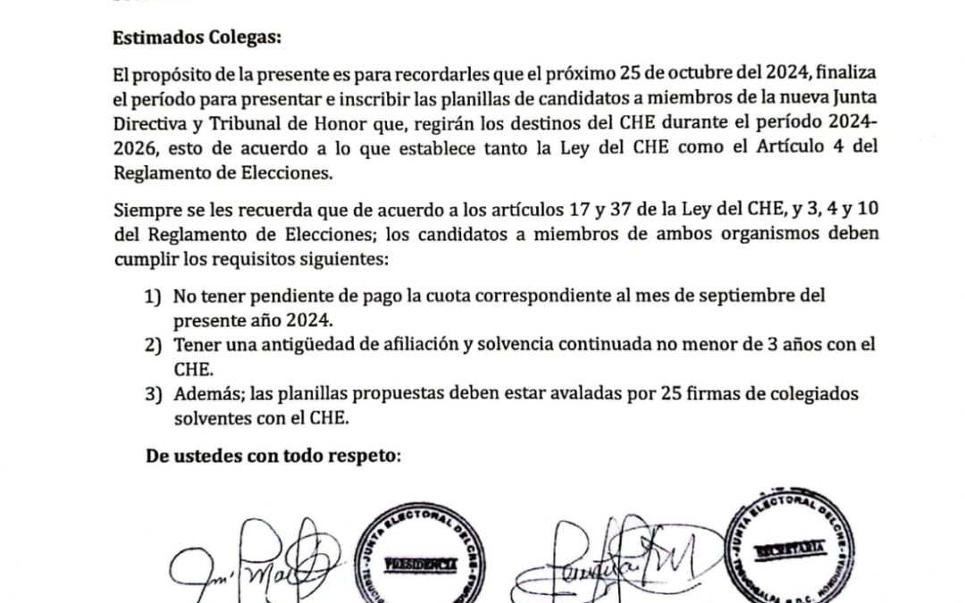 Recordatorio a presentar planillas de nuevas autoridades del CHE