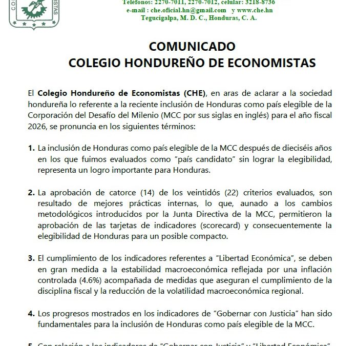 Comunicado del Colegio Hondureño de Economistas