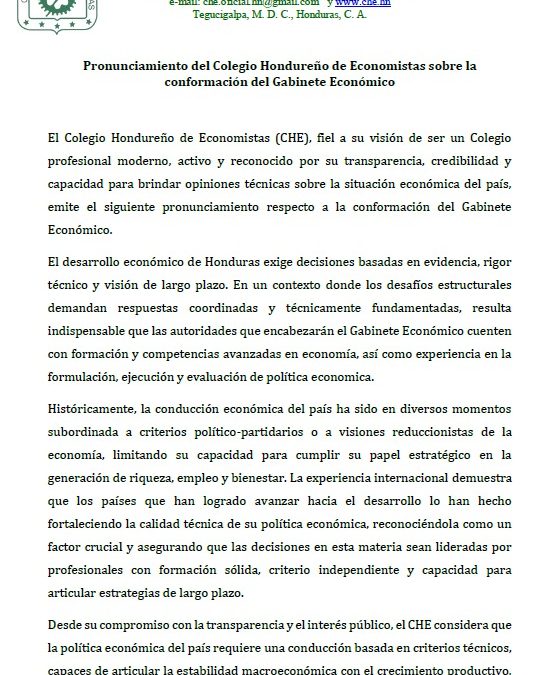 Comunicado del Colegio Hondureño de Economistas