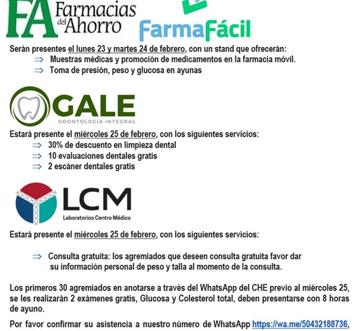 Feria de la Salud lunes 23, martes 24 y miércoles 25 de febrero de 2026                                                                                Confirme su asistencia a nuestro WhatsApp https://wa.me/50432188736                                                                          Correos electrónicos che.oficial.hn@gmail.com ecolegiohondureno@gmail.com colegiodeconomistas@gmail.com                                                            Números Telefónicos 2270-7011/2270-7012