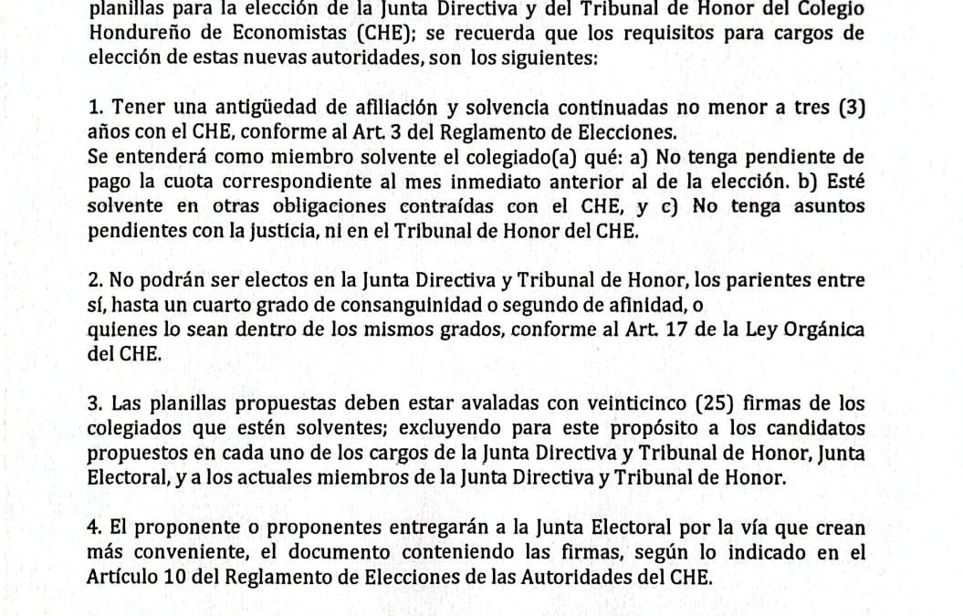 Convocatoria a Elecciones de las nuevas autoridades del Colegio Hondureño de Economistas período 2026-2028.